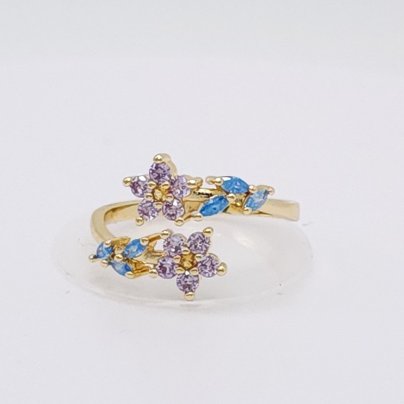 Adjustable Zircon Leaf & Flower Ring Gold Tone Purple & Blue Stones NWOT - Picture 5 of 15